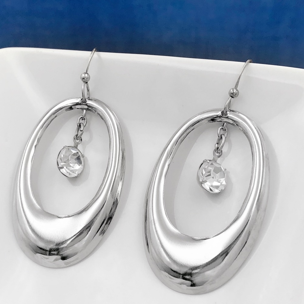 🍀 Silver Open Oval Rhinestone Simple Dangle Earrings